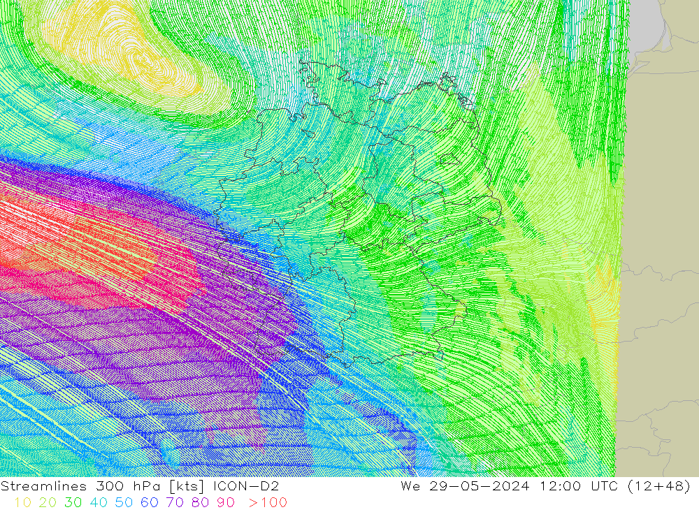 Linea di flusso 300 hPa ICON-D2 mer 29.05.2024 12 UTC