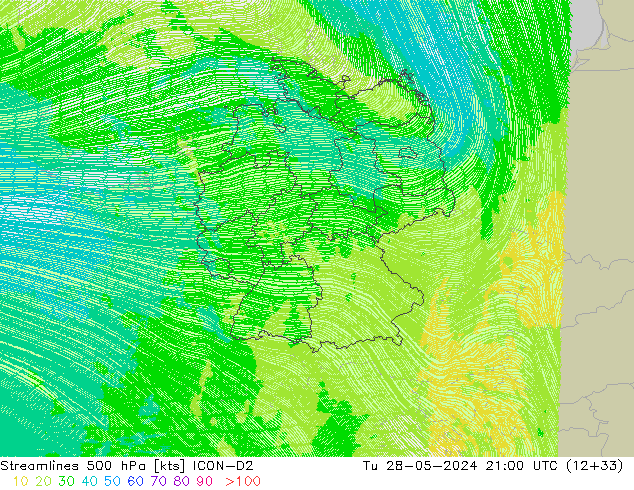 ветер 500 гПа ICON-D2 вт 28.05.2024 21 UTC