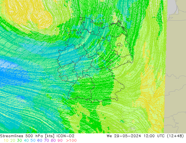 Streamlines 500 hPa ICON-D2 St 29.05.2024 12 UTC