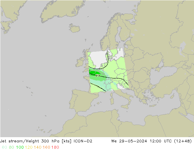Prąd strumieniowy ICON-D2 śro. 29.05.2024 12 UTC