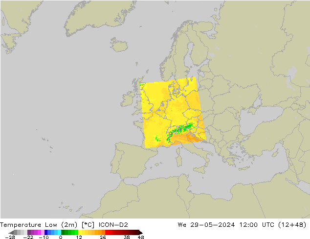 Minumum Değer (2m) ICON-D2 Çar 29.05.2024 12 UTC