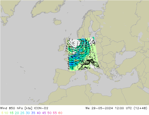 wiatr 850 hPa ICON-D2 śro. 29.05.2024 12 UTC