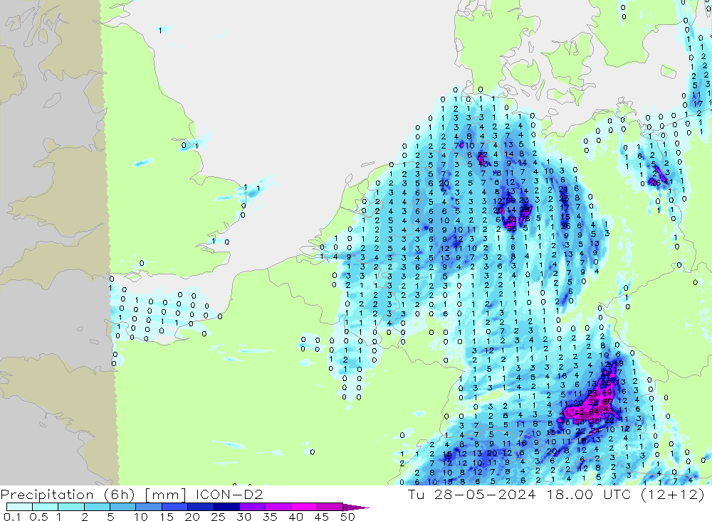 Précipitation (6h) ICON-D2 mar 28.05.2024 00 UTC