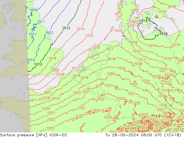 Atmosférický tlak ICON-D2 Út 28.05.2024 06 UTC