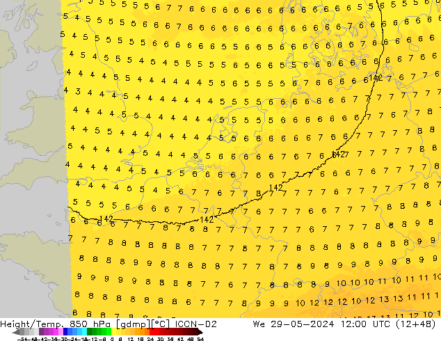 Height/Temp. 850 hPa ICON-D2 mer 29.05.2024 12 UTC