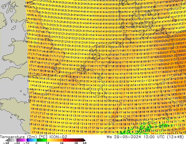 Temperature (2m) ICON-D2 We 29.05.2024 12 UTC