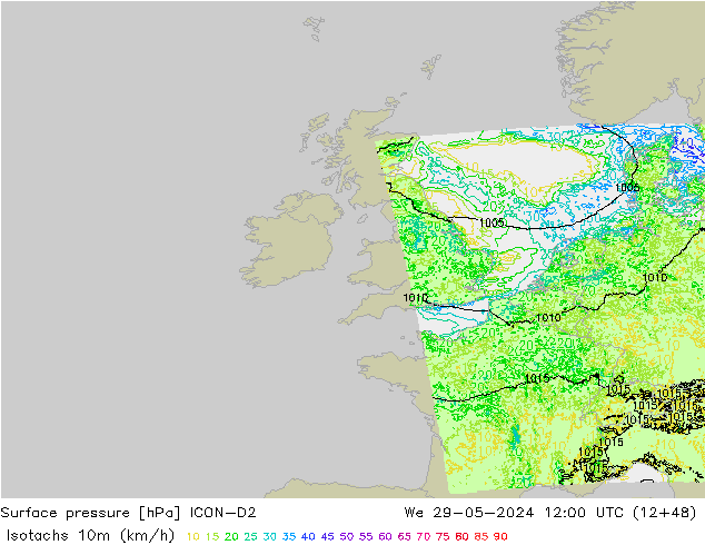 Isotaca (kph) ICON-D2 mié 29.05.2024 12 UTC