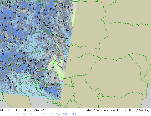 Humedad rel. 700hPa ICON-D2 lun 27.05.2024 18 UTC