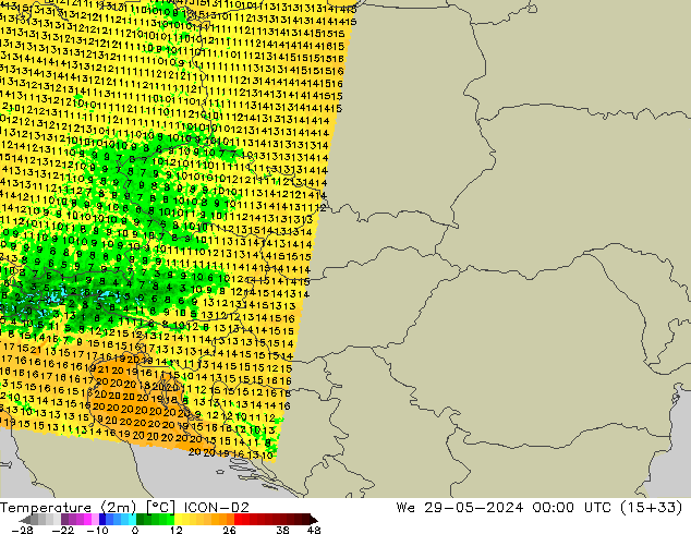 température (2m) ICON-D2 mer 29.05.2024 00 UTC