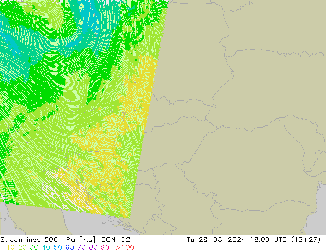 Linia prądu 500 hPa ICON-D2 wto. 28.05.2024 18 UTC