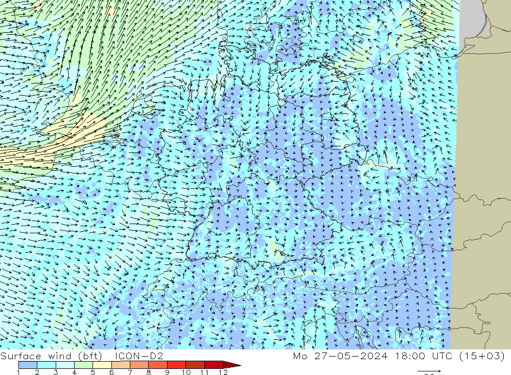 Surface wind (bft) ICON-D2 Po 27.05.2024 18 UTC