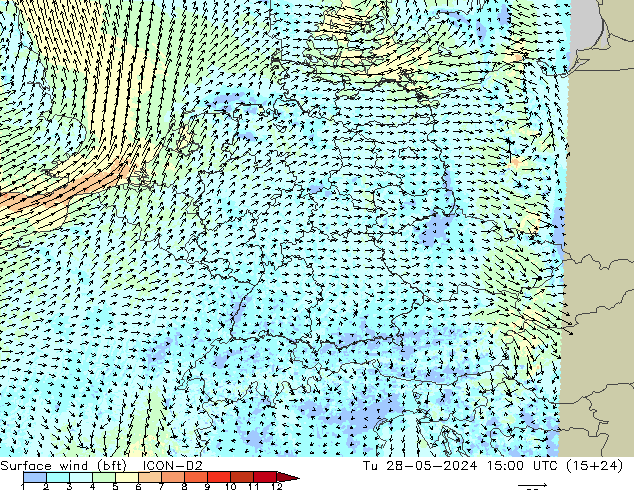 Bodenwind (bft) ICON-D2 Di 28.05.2024 15 UTC