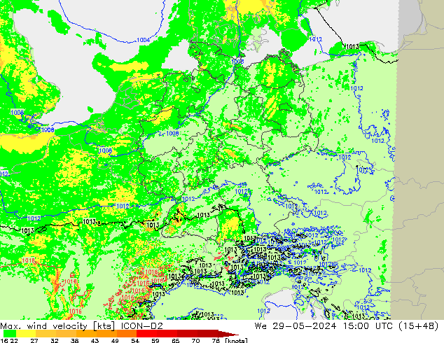 Max. wind velocity ICON-D2 mer 29.05.2024 15 UTC