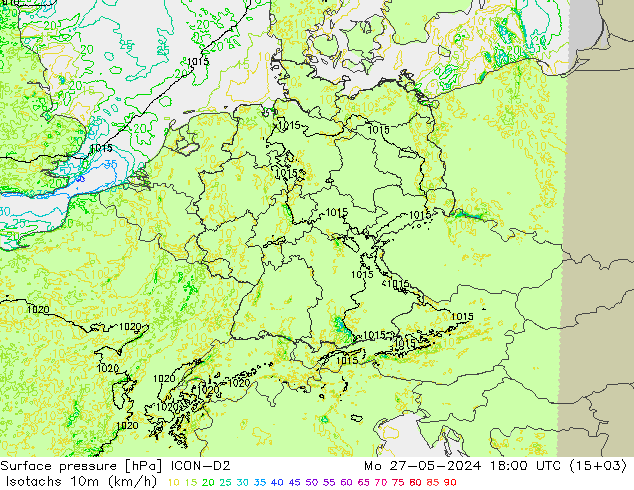 10米等风速线 (kph) ICON-D2 星期一 27.05.2024 18 UTC