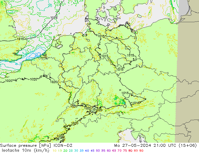 Isotachen (km/h) ICON-D2 ma 27.05.2024 21 UTC