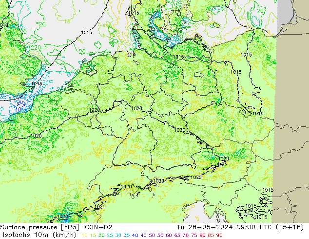 Isotachs (kph) ICON-D2 Tu 28.05.2024 09 UTC