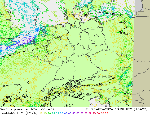 Isotachs (kph) ICON-D2  28.05.2024 18 UTC