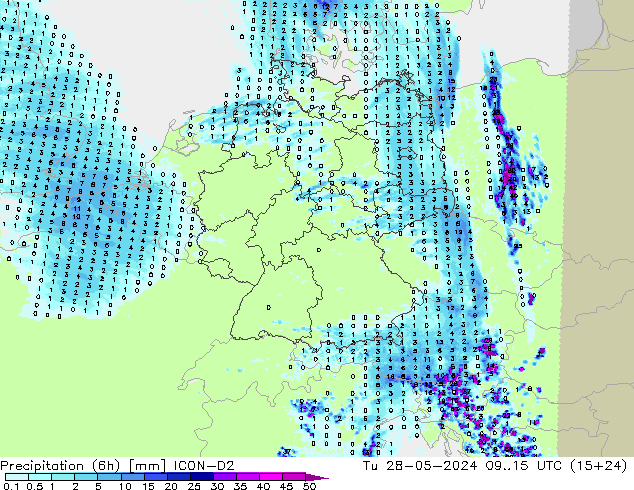 Précipitation (6h) ICON-D2 mar 28.05.2024 15 UTC