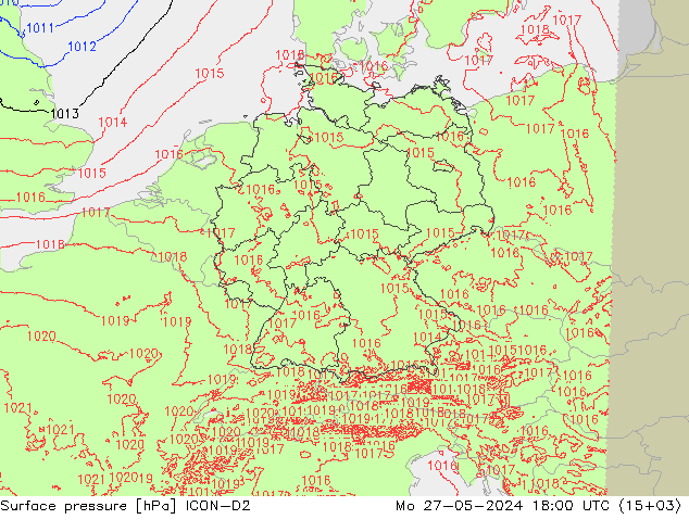 Surface pressure ICON-D2 Mo 27.05.2024 18 UTC