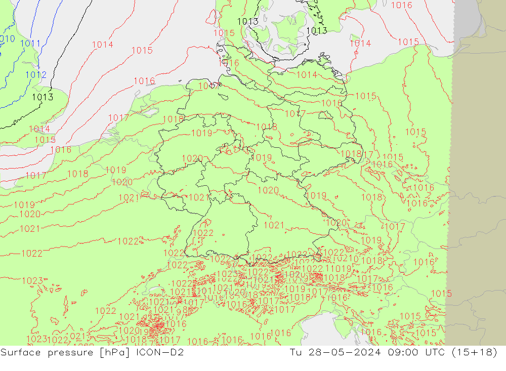 Surface pressure ICON-D2 Tu 28.05.2024 09 UTC