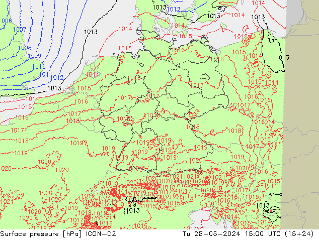 Surface pressure ICON-D2 Tu 28.05.2024 15 UTC