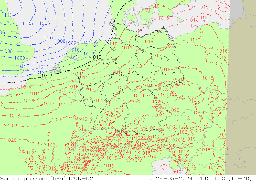 Luchtdruk (Grond) ICON-D2 di 28.05.2024 21 UTC