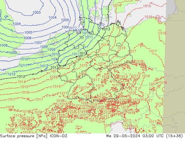 Surface pressure ICON-D2 We 29.05.2024 03 UTC