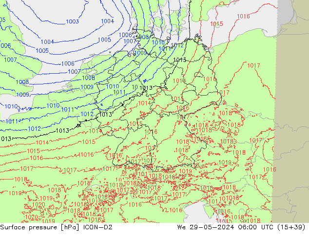 Surface pressure ICON-D2 We 29.05.2024 06 UTC