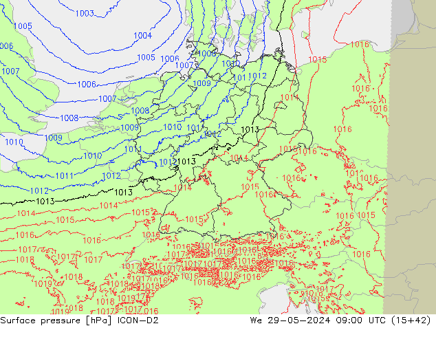 Atmosférický tlak ICON-D2 St 29.05.2024 09 UTC