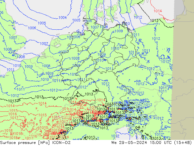 Presión superficial ICON-D2 mié 29.05.2024 15 UTC