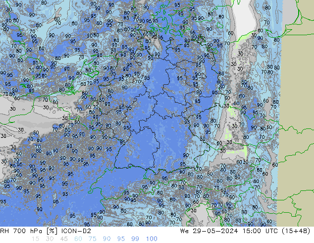 RH 700 гПа ICON-D2 ср 29.05.2024 15 UTC