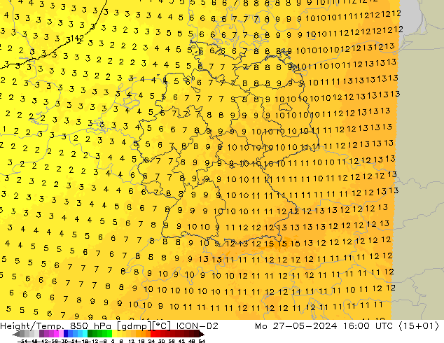 Height/Temp. 850 hPa ICON-D2 lun 27.05.2024 16 UTC