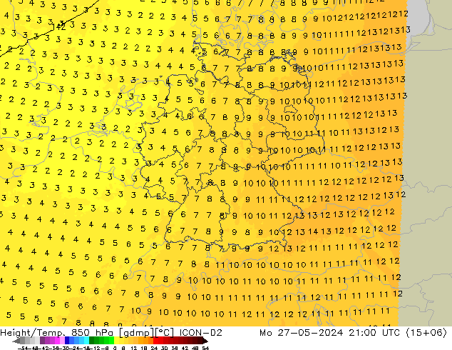 Height/Temp. 850 hPa ICON-D2 Seg 27.05.2024 21 UTC