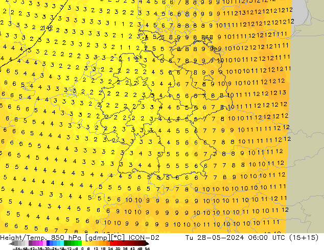 Hoogte/Temp. 850 hPa ICON-D2 di 28.05.2024 06 UTC