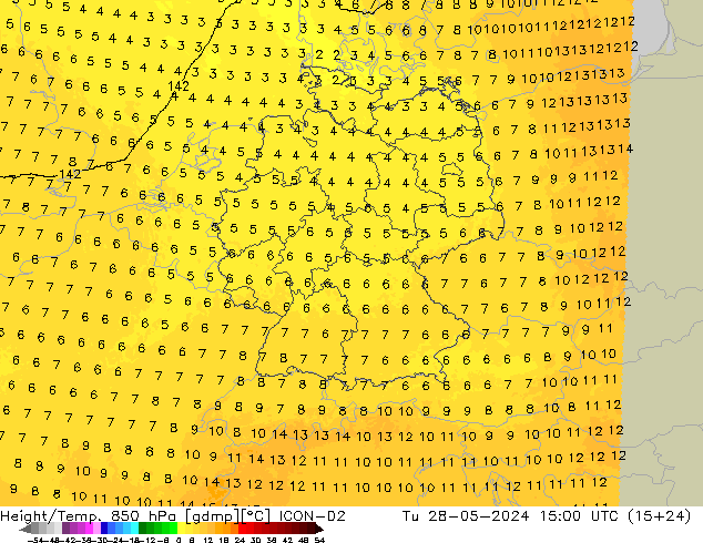 Height/Temp. 850 hPa ICON-D2 wto. 28.05.2024 15 UTC