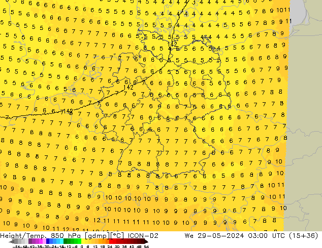 Height/Temp. 850 hPa ICON-D2  29.05.2024 03 UTC