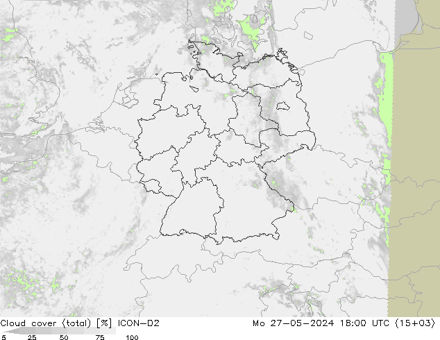 Cloud cover (total) ICON-D2 Mo 27.05.2024 18 UTC