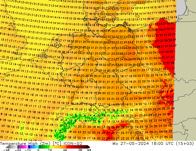 Nejvyšší teplota (2m) ICON-D2 Po 27.05.2024 18 UTC