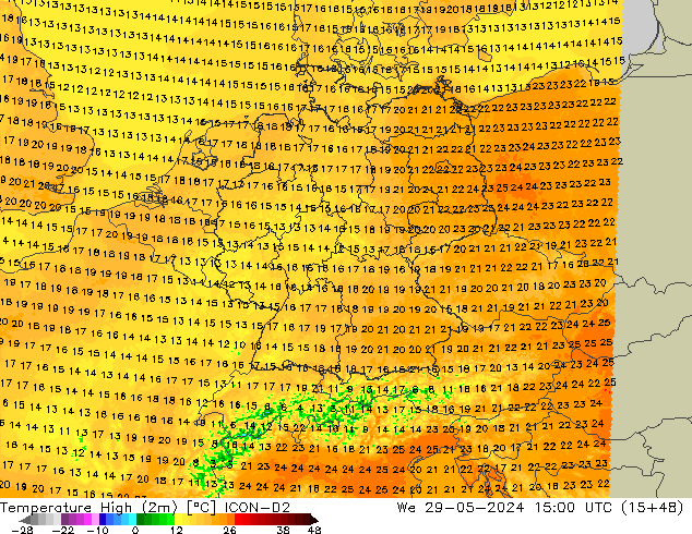 Max.temperatuur (2m) ICON-D2 wo 29.05.2024 15 UTC