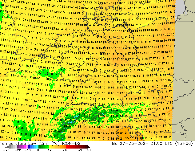 Temperature Low (2m) ICON-D2 Mo 27.05.2024 21 UTC