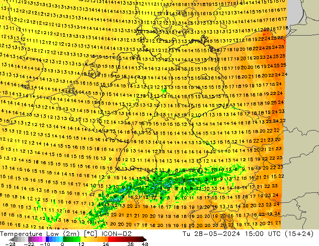 Tiefstwerte (2m) ICON-D2 Di 28.05.2024 15 UTC