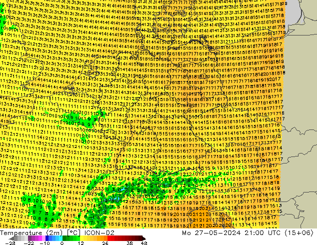 Temperature (2m) ICON-D2 Po 27.05.2024 21 UTC