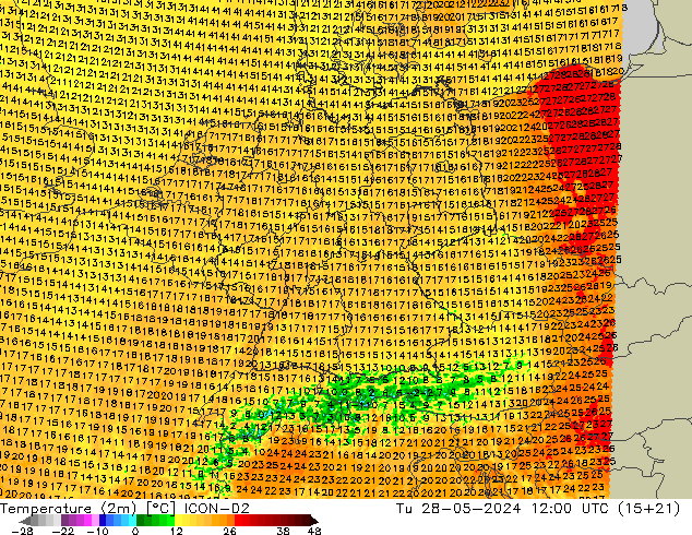 Temperatura (2m) ICON-D2 mar 28.05.2024 12 UTC