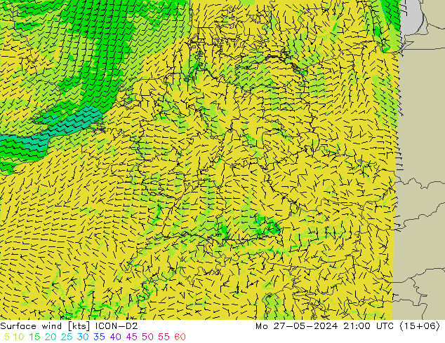 Viento 10 m ICON-D2 lun 27.05.2024 21 UTC