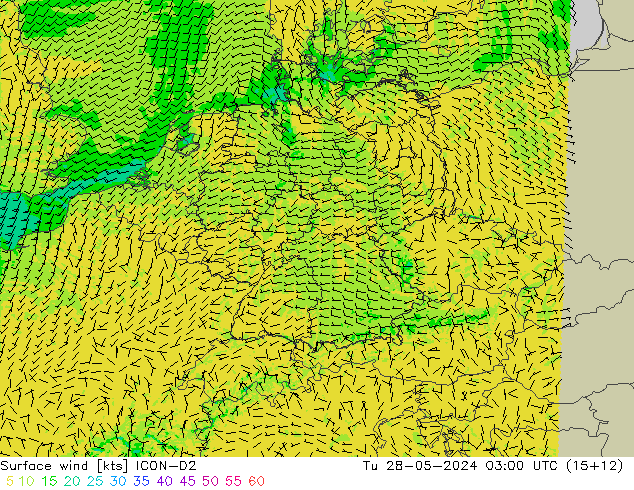 Rüzgar 10 m ICON-D2 Sa 28.05.2024 03 UTC