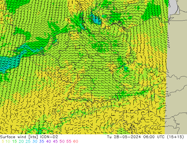 Wind 10 m ICON-D2 di 28.05.2024 06 UTC