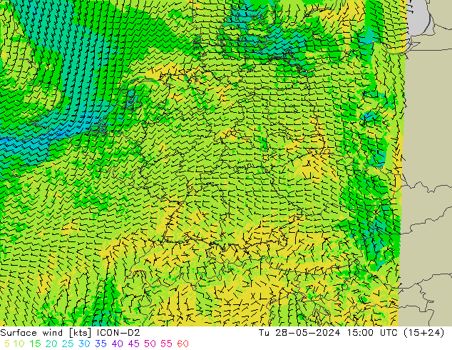 Surface wind ICON-D2 Tu 28.05.2024 15 UTC