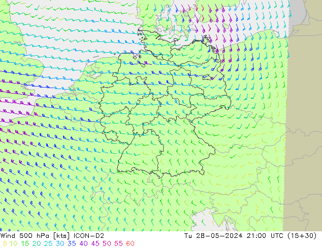 Wind 500 hPa ICON-D2 Út 28.05.2024 21 UTC