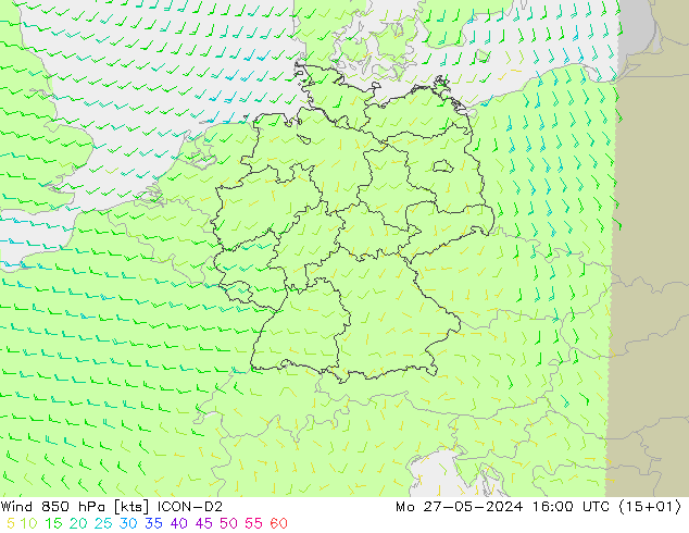 Rüzgar 850 hPa ICON-D2 Pzt 27.05.2024 16 UTC