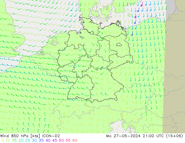 Vento 850 hPa ICON-D2 Seg 27.05.2024 21 UTC